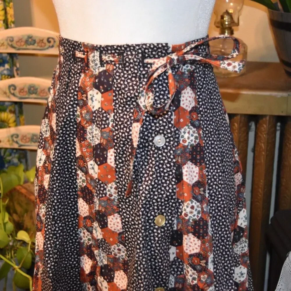 Vintage 1970s Mademoiselle Boho Prairie Skirt Patchwork Style Floral Size XS